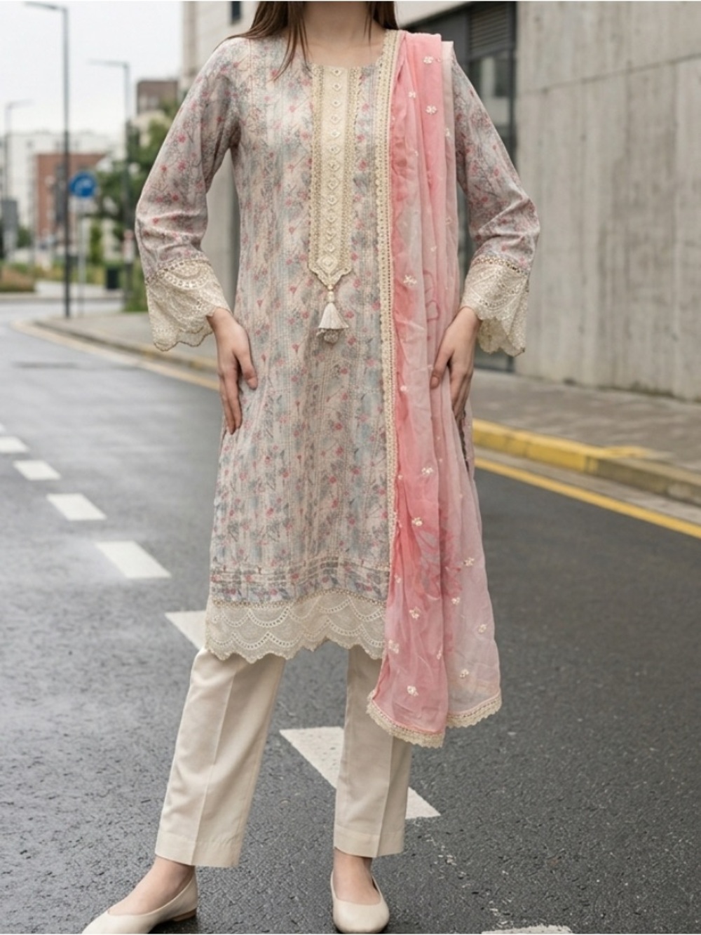Elegant Cream & Pink Embroidered Women's Pants & Dupatta Set